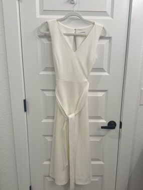 Calvin Klein Ivory V-Neck Sleeveless Midi Dress with Tie Waist